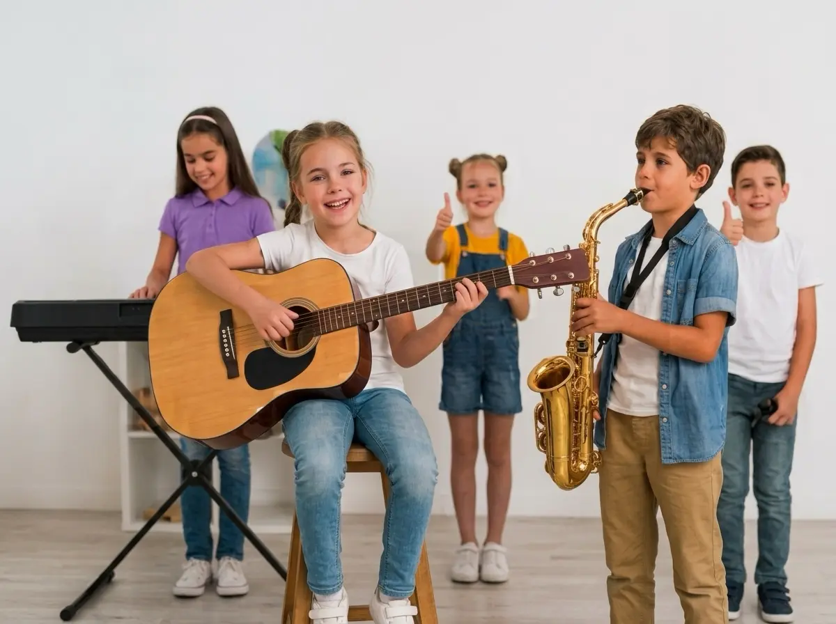 Dzieci grające na gitarze, saksofonie i keyboardzie podczas zajęć w szkole muzycznej AS Music
